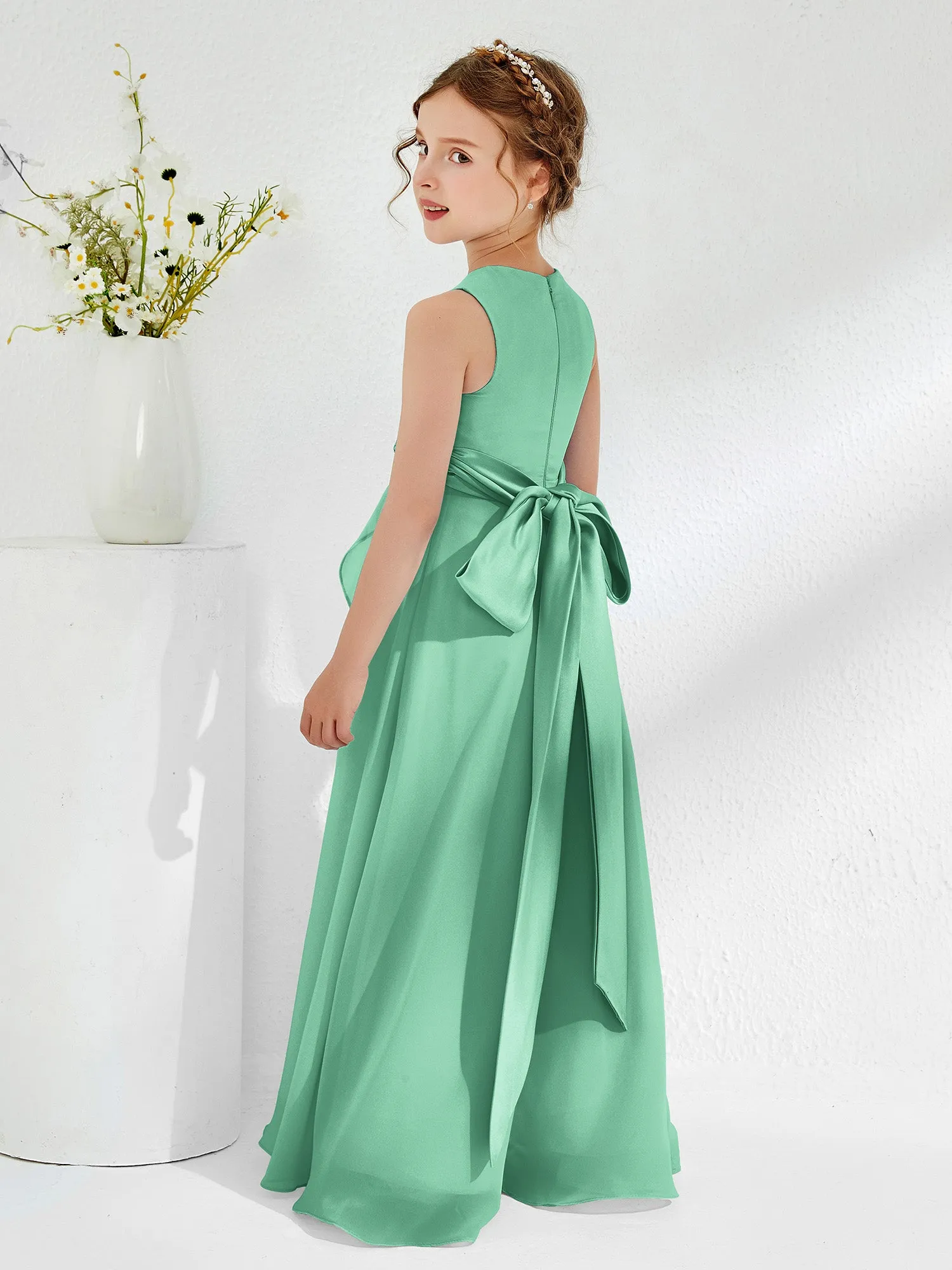 Bateau Neckline Ruffle Junior Bridesmaid Gowns Turquoise