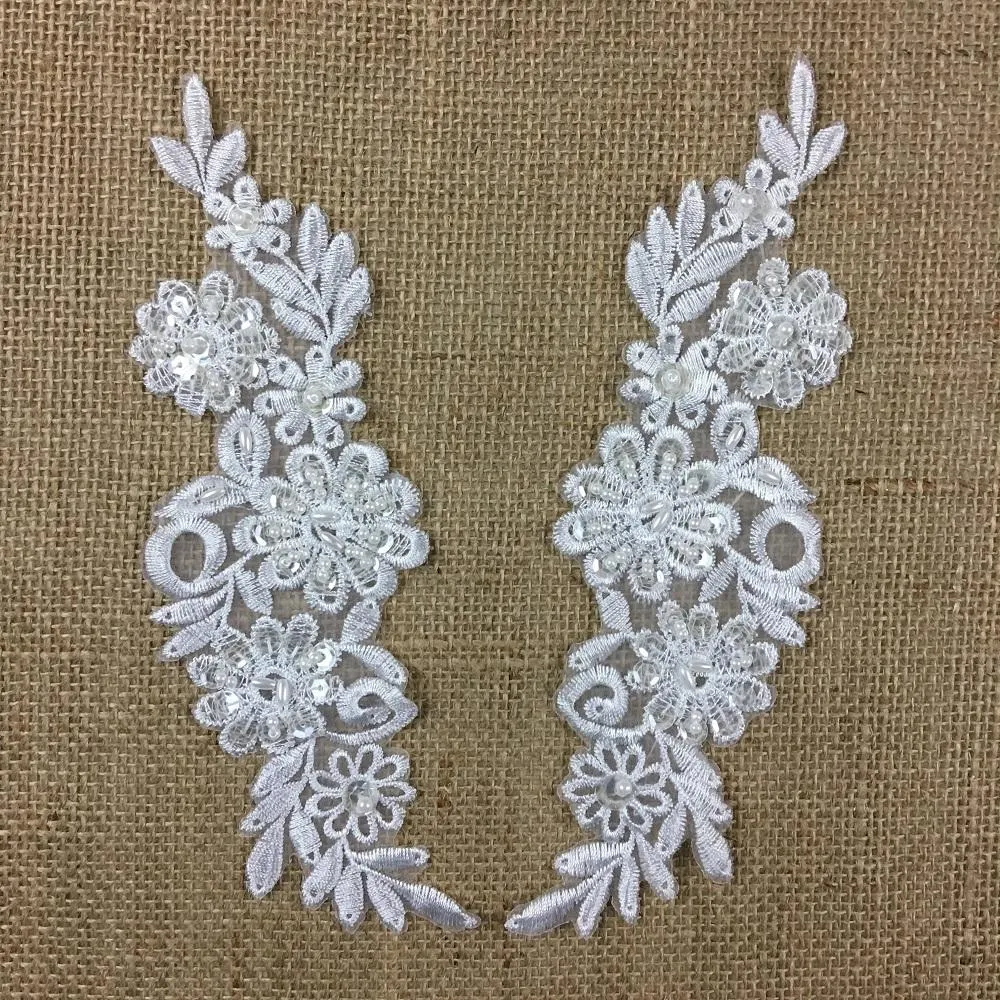 Beaded Applique Pair Floral Daisy Embroidered Organza Beaded & Sequined, 8.5" long, White, for Garment Costume Communion Christening Baptism