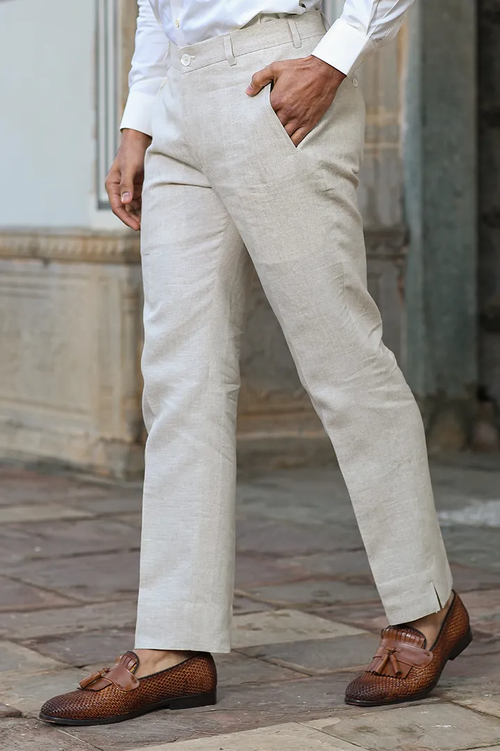 Beige Looped Slit Bottom Linen Pants