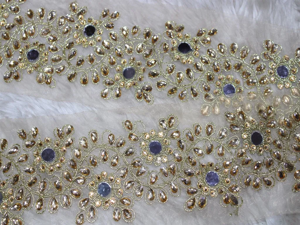 Golden Stone and Mirror Work Lace Border