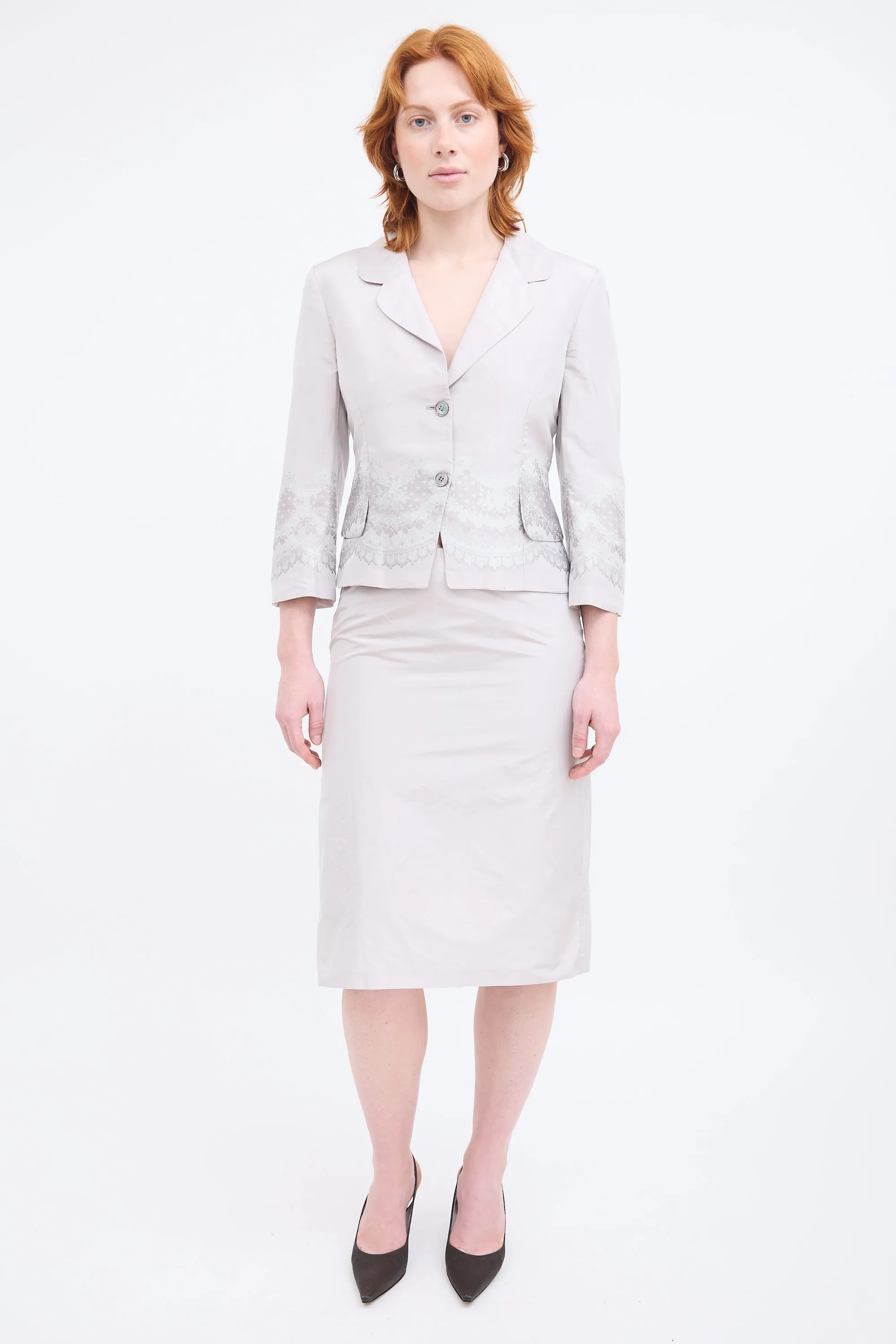 Grey Silk Floral Skirt Suit