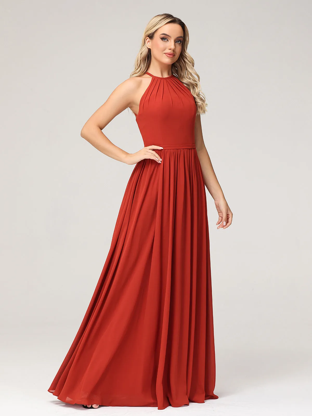 Halter Long Chiffon Gowns with Double Straps-Rust