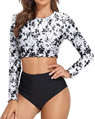 High Neck Women's Long Sleeve Rash Guard Swim Shirt Shorts-Black And White Tie Dye