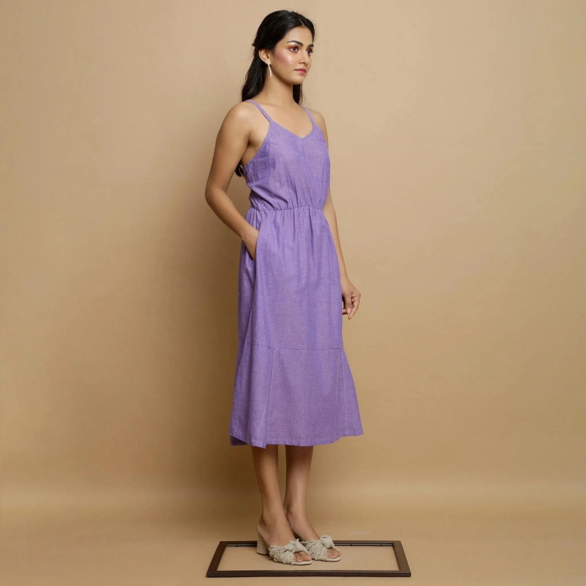 Lavender Hand-Embroidered Cotton Midi Camisole Dress