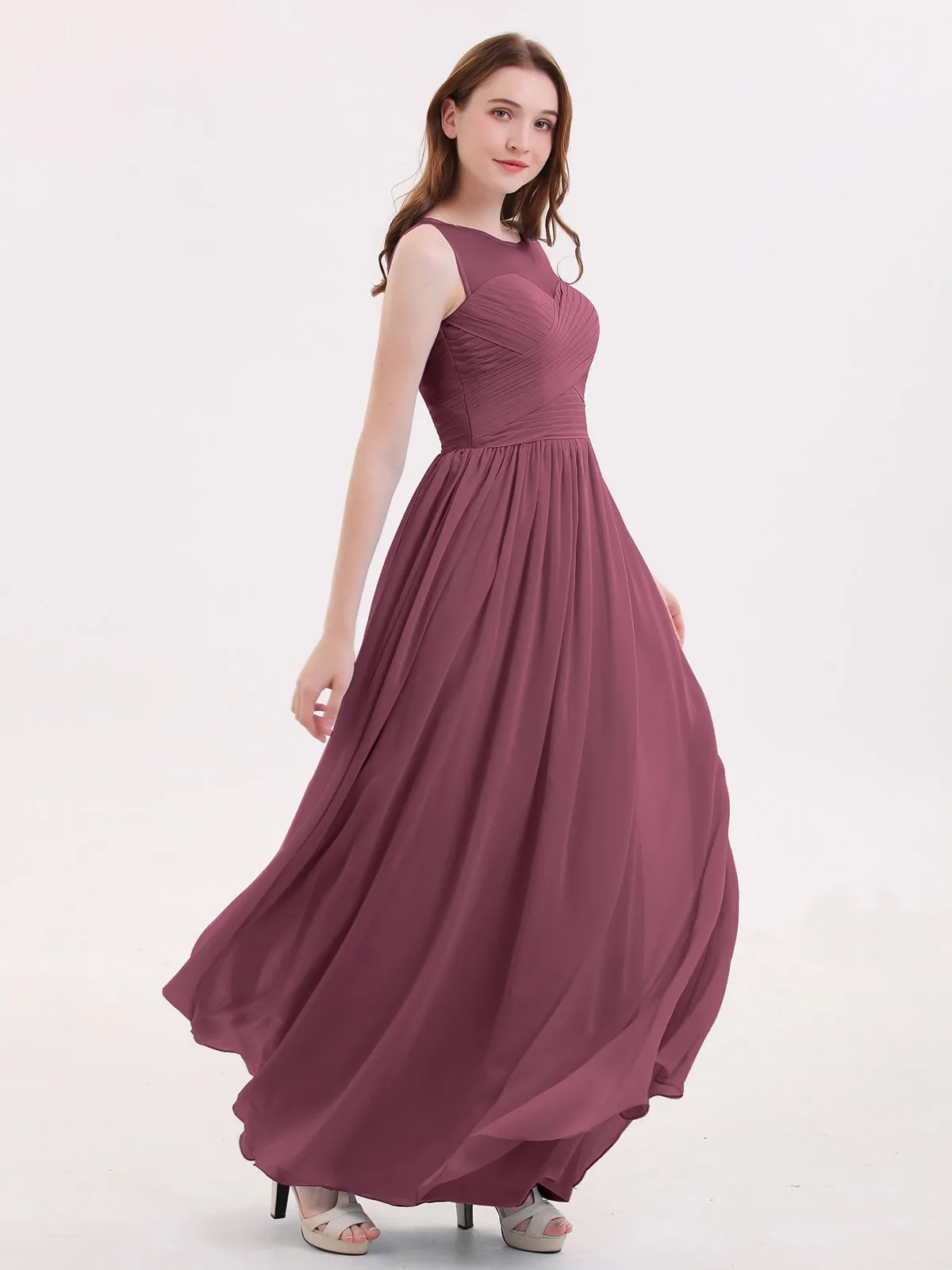 Long Chiffon Gowns with Illusion Neckline-Mulberry