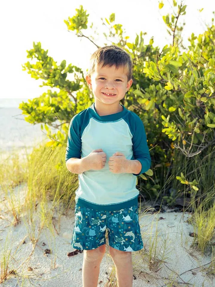 Long Sleeve Baseball Rash Guard Shirt - Ocean Blue and Surf Blue