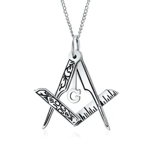 Masonic Freemason Compass Pendant Necklace in Oxidized Sterling Silver Chain