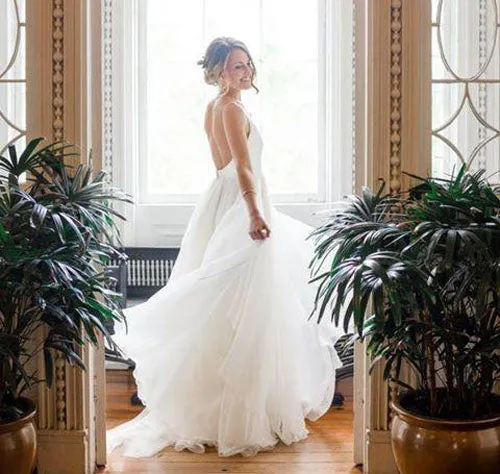 Simple A Line Deep V Neck Long Wedding Dresses, Beach Wedding Dress, SW193