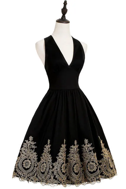 Women Evening Dresses Gold Appliques Halter Short Evening Dress A-Line sexy V-neck Formal Party Prom Gowns