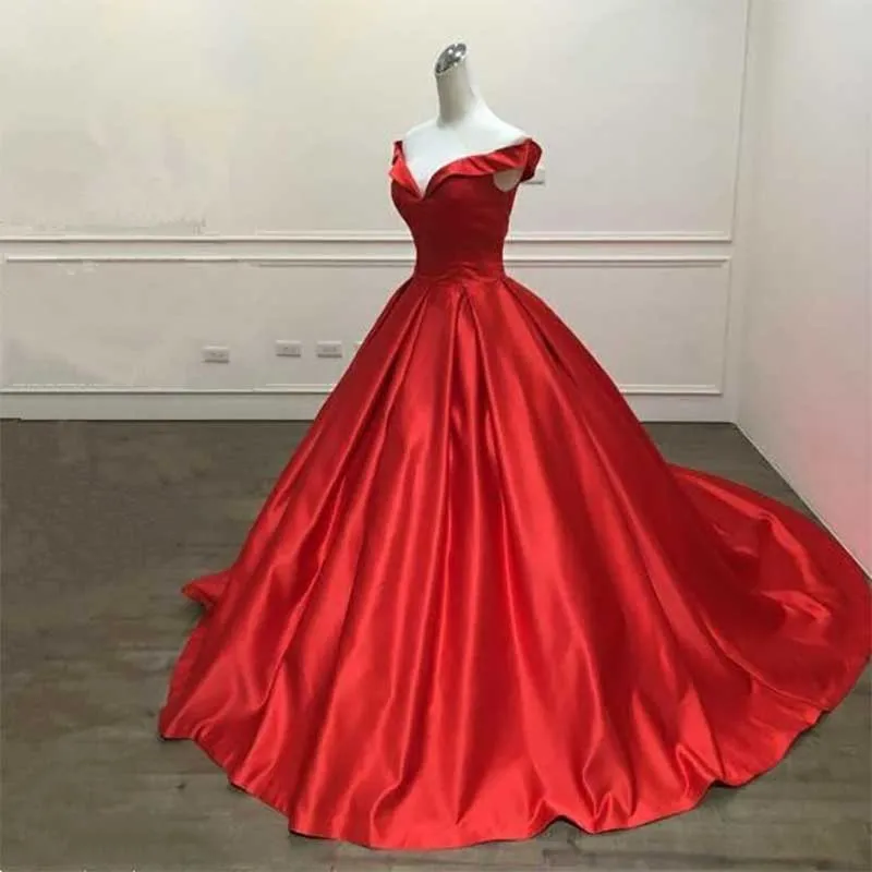 xakxx  Elegant Simple Red Prom Dresses V Neck Ball Gowns Cap Sleeve Satin vestidos de formatura Backless Reflective Dress